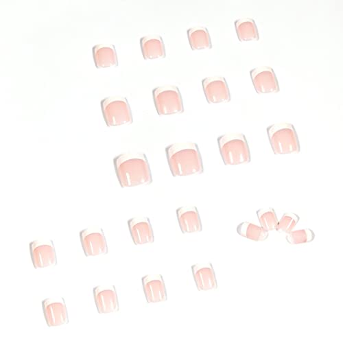 JUSTOTRY 24 Pcs Short False Nails Square,White French Press on Nails Pattern, Pretty Milky Fake Nails Short with Nail Glue, Stick on Nails for Wo