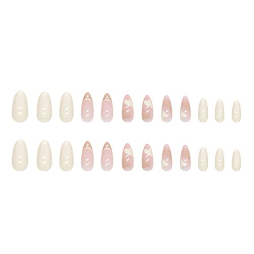 JUSTOTRY 24 Pcs Pale Orange Heart Short False Nails Stiletto,Beige French Press on Nails Pattern,Fake Nails Short with Nail Glue,Almond Medium St