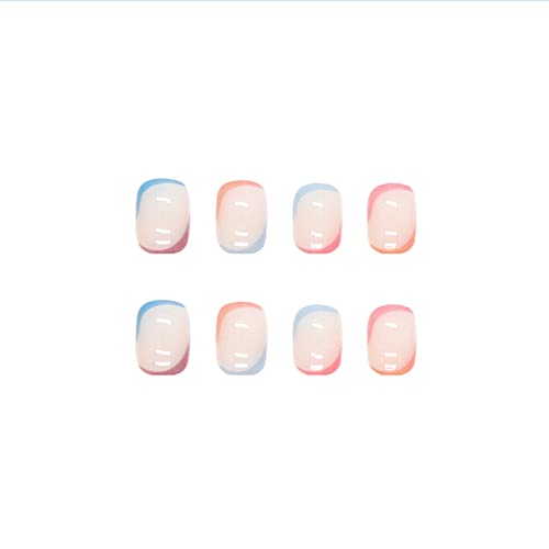 JUSTOTRY 24 Pcs Pastel Square Short False Nails,Multi Colour French Press on Nails Pattern, Cute Fake Nails Medium with Nail Glue,Rainbow Stick o