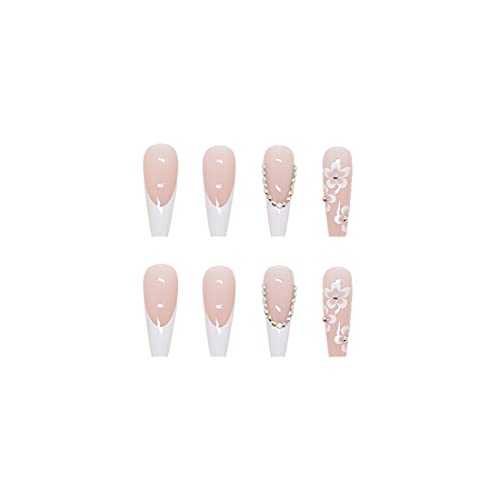 French White Press on Nails - 24 PCS Flower Fake Nails Long Coffin False Nails with Rhinestones Designs Stick on Nails for Women Girls Party Salo