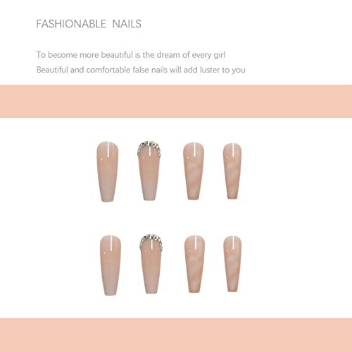 JUSTOTRY 24 Pcs Diamante Fake Nails Long, Nude French Press on Nails Patterns, Ballerina Stick on Nails for Women, Acrylic Medium Coffin False Na