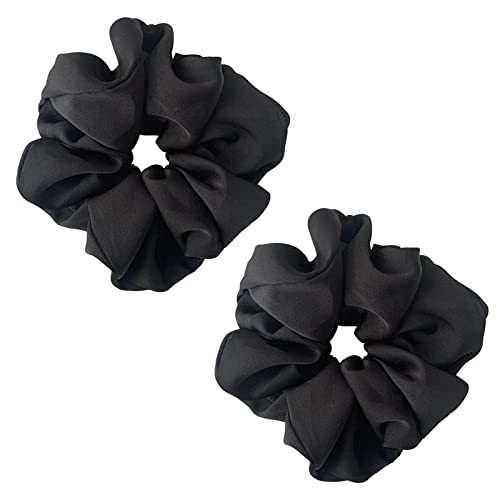 ILamourCar Black Scrunchies for Hair, Large Hair Scrunchies, Elastic Soft Hair Ties Scrunchy Hair Bands Ponytail Women Girls Lady Children (2xBla