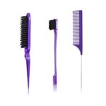 3 Pcs Slick Purple Hair Brush Set bristle Brush Hair Comb, Smoothing Hair Brush Edge Control Brush Rat Tail Hair Comb for Women Baby Kids Hair (P