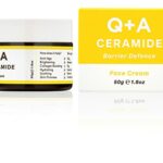 Q+A Ceramide Barrier Defence Face Cream, a face moisturiser containing Cinamides, Pro Vitamin-E, and Squalane, to improve skin moisturisation and
