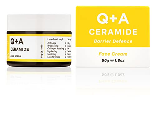 Q+A Ceramide Barrier Defence Face Cream, a face moisturiser containing Cinamides, Pro Vitamin-E, and Squalane, to improve skin moisturisation and