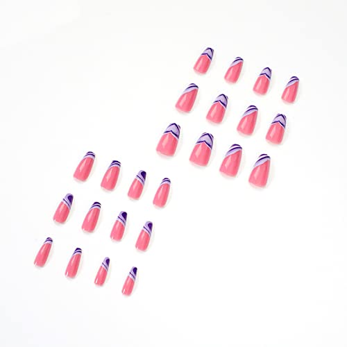 JUSTOTRY 24 Pcs Pink Press on Nails Medium, Dark Blue and White swirl Fake Nails with Designs, French Stick on Nails for Women, Acrylic False Nai