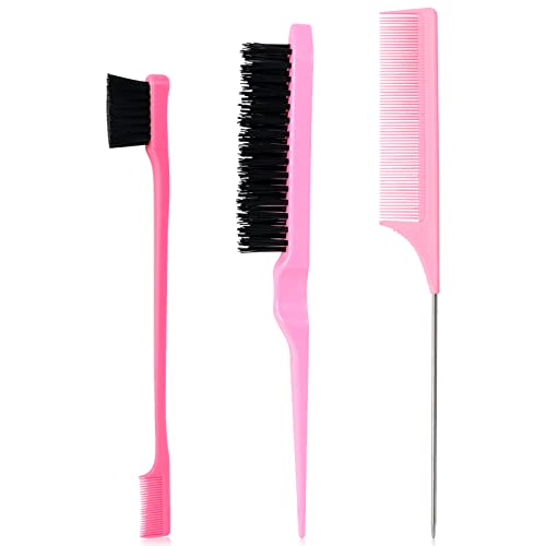 Sularpek 3 Pcs Slick Brush Set, Plastic Bristle Hair Brush Teasing Comb Edge Hair Brush Teasing Brush Set, Rat Tail Comb Double Sided Edge Brush,