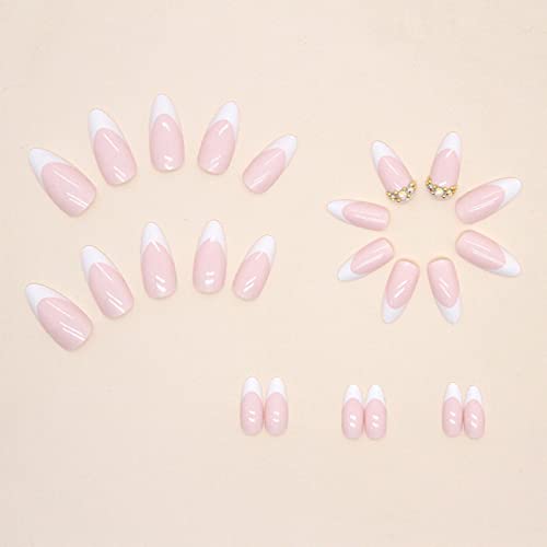 JUSTOTRY 24 Pcs Stiletto False Nails Medium with Jewels,Beige French Press on Nails Pattern,Fake Nails Short with Nail Glue,Almond Stick on Nails