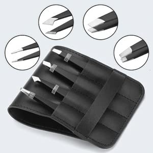 Avizona Set of 4 Precision Tweezers for Facial Hair Women & Men Professional Eyebrow Tweezers for ingrown Hair Black Color Coated tweezer Set wit