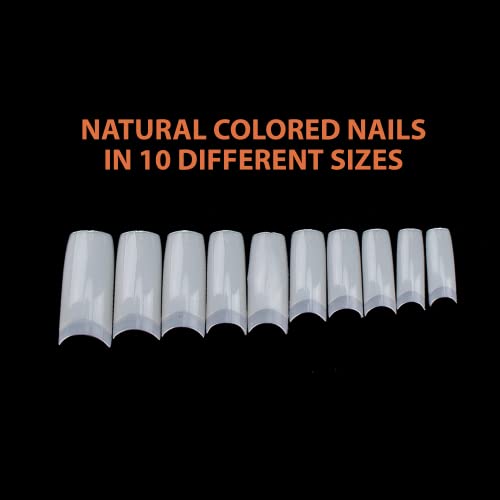 Fake Nails Tips - Natural Colour - 10 Sizes Pack of 500 – Half Cover Acrylic Nails for Women & Girls - Smooth and Lightweight Oval False Nails Se