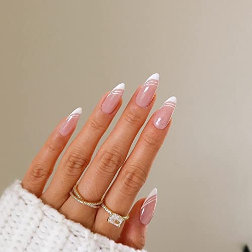 JUSTOTRY 24 Pcs Pale Orange Heart Short False Nails Stiletto,Beige French Press on Nails Pattern,Fake Nails Short with Nail Glue,Almond Medium St