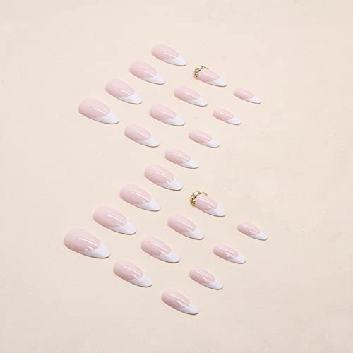 JUSTOTRY 24 Pcs Stiletto False Nails Medium with Jewels,Beige French Press on Nails Pattern,Fake Nails Short with Nail Glue,Almond Stick on Nails