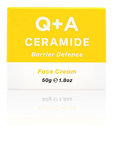 Q+A Ceramide Barrier Defence Face Cream, a face moisturiser containing Cinamides, Pro Vitamin-E, and Squalane, to improve skin moisturisation and