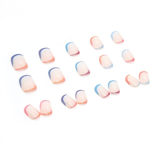 JUSTOTRY 24 Pcs Pastel Square Short False Nails,Multi Colour French Press on Nails Pattern, Cute Fake Nails Medium with Nail Glue,Rainbow Stick o