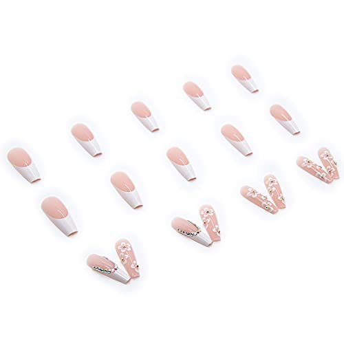 French White Press on Nails - 24 PCS Flower Fake Nails Long Coffin False Nails with Rhinestones Designs Stick on Nails for Women Girls Party Salo