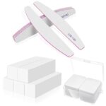 FRIUSATE 10 pieces Nail File and Buffers with 180 Pcs Lint Free Wipes, White Nail Buffer Block Nail Files Sanding Blocks Smoothing Shaping and Bu