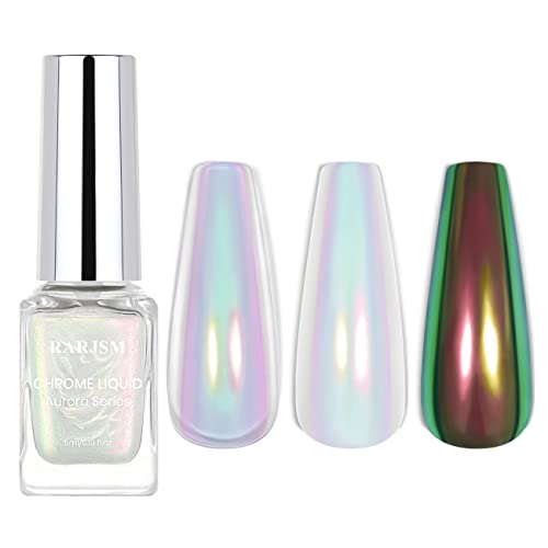 RARJSM Aurora Liquid Powder Chrome Nail Polish Magic Metallic Chameleon Mirror Effect Finish 5ML 0.17FLOZ Chrome Iridescent Mermaid Pearl White G