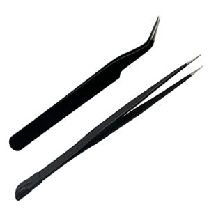 2 PCS Nail Art Tweezers, Straight and Curved Tip Tweezers Rhinestone Stickers Picker Pointed Tweezers for Craft, Makeup Tools - Black