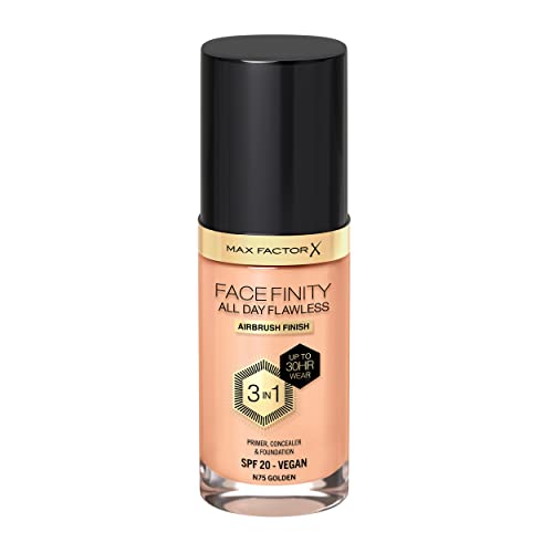 Max Factor Facefinity All Day Flawless 3 in 1 Liquid Foundation, Lightweight Oil Free Formula with SPF 20, 075 Golden, 30 ml