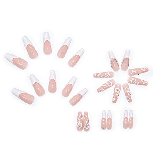 French White Press on Nails - 24 PCS Flower Fake Nails Long Coffin False Nails with Rhinestones Designs Stick on Nails for Women Girls Party Salo