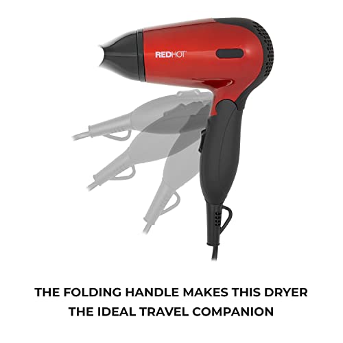 Red Hot 37070 1200W Travel Hair Dryer With Folding Handle / Dual Voltage / 2 Heat Settings / Compact & Lightweight / Red Coloured