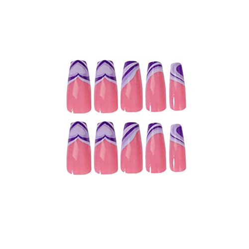 JUSTOTRY 24 Pcs Pink Press on Nails Medium, Dark Blue and White swirl Fake Nails with Designs, French Stick on Nails for Women, Acrylic False Nai