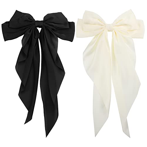 RosewineC 2 PCS Bow Hair Clips Solid Color Bow French Automatic Hair Clip with Long Silky Satin Tail Large Bows for Simple Women Girls Barrettes