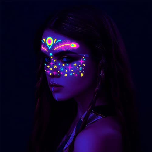 Kelamayi Neon Face Temporary Tattoo,8 Sheet Glow in the Dark UV Neon Face Tattoo Flash Fake Butterflies Waterproof Tattoos Stickers for Festival