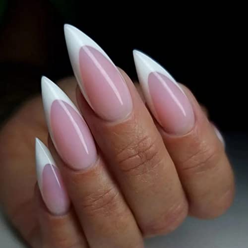 JUSTOTRY 24 Pcs Stiletto False Nails Medium with Jewels,Beige French Press on Nails Pattern,Fake Nails Short with Nail Glue,Almond Stick on Nails