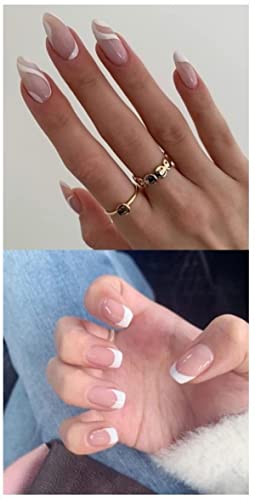 JUSTOTRY 4 Packs (96 Pcs) White and Black Square False Nails Short Pattern,Cheap and Durable French Press on Nails,Swirl Fake Nails Medium with N