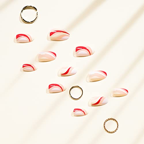 JUSTOTRY 24 Pcs Fake Nails Short, Red and Yellow Swirl Press on Nails with Designs, Glossy Pink French False Nails Short, Stick on Nails for Wome