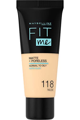 Maybelline Fit Me Foundation, Matte & Poreless, Full Coverage Blendable Normal to Oily Skin, 118 Light Beige 30ml