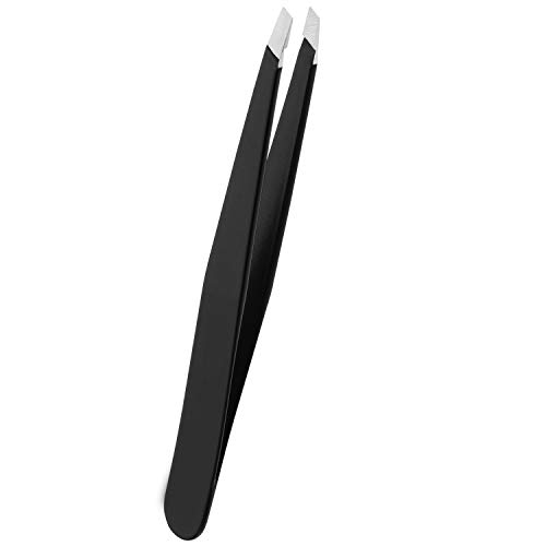 Eyebrow Tweezers Stainless Steel Facial Hair Removal Tweezers in Black Matte with Slanted Tip for Easy Plucking by AURAY