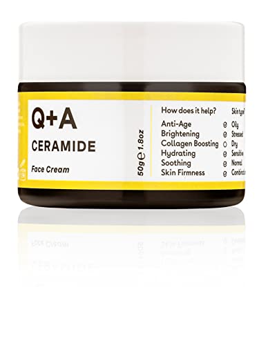 Q+A Ceramide Barrier Defence Face Cream, a face moisturiser containing Cinamides, Pro Vitamin-E, and Squalane, to improve skin moisturisation and