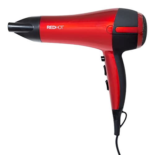 Red Hot 37070 1200W Travel Hair Dryer With Folding Handle / Dual Voltage / 2 Heat Settings / Compact & Lightweight / Red Coloured