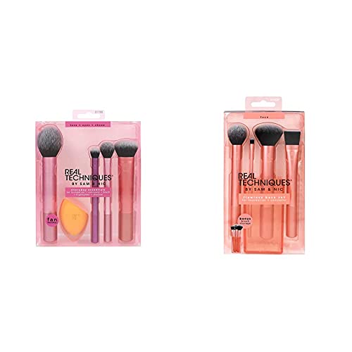 REAL TECHNIQUES,5 Count (Pack of 1) Everyday Essentials Makeup Brush Complete Face Set (Miracle Complexion Sponge, Expert Face, Blush, Setting an