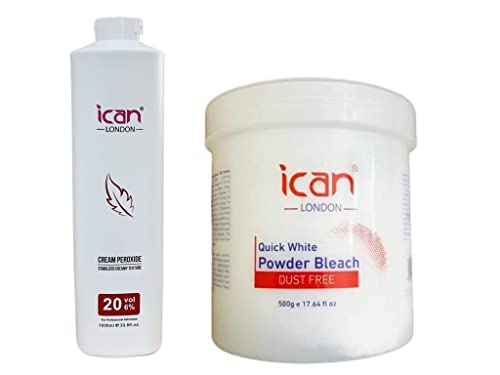 ICAN LONDON PROFESSIONAL CREAM PEROXIDE 20 VOL 6% 1000 ML + WHITE POWDER BLEACH (JAR)500 G SET