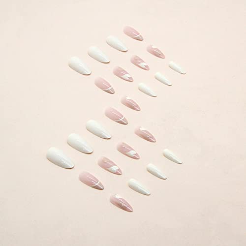 JUSTOTRY 24 Pcs Pale Orange Heart Short False Nails Stiletto,Beige French Press on Nails Pattern,Fake Nails Short with Nail Glue,Almond Medium St