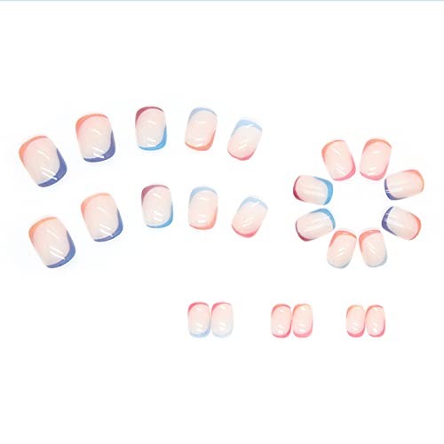 JUSTOTRY 24 Pcs Pastel Square Short False Nails,Multi Colour French Press on Nails Pattern, Cute Fake Nails Medium with Nail Glue,Rainbow Stick o