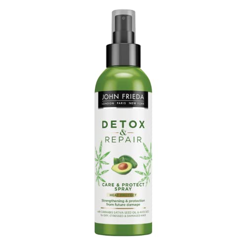 John Frieda Detox & Repair Care & Protect Heat Protection Spray 200 ml, Detangling and Strengthening Spray for Dry, Stressed and Damaged Hair, Le