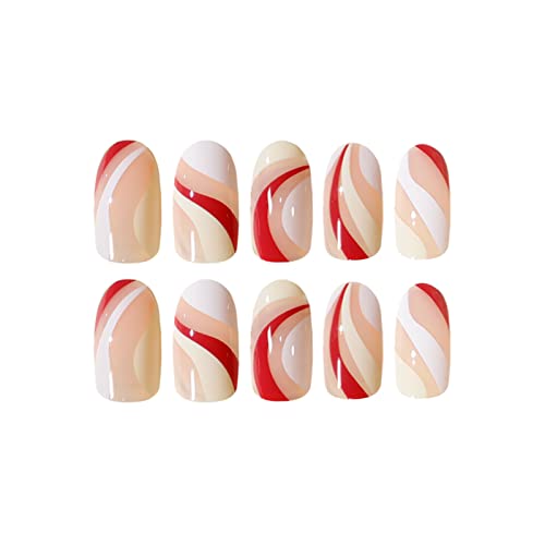 JUSTOTRY 24 Pcs Fake Nails Short, Red and Yellow Swirl Press on Nails with Designs, Glossy Pink French False Nails Short, Stick on Nails for Wome