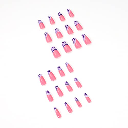 JUSTOTRY 24 Pcs Pink Press on Nails Medium, Dark Blue and White swirl Fake Nails with Designs, French Stick on Nails for Women, Acrylic False Nai