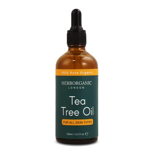 HerbOrganic Anti-bacterial Tea Tree Oil – 100 ml – Organic – Antiseptic – For Acne and Redness of Skin – For Pimples and Nail Fungus – Aromathera