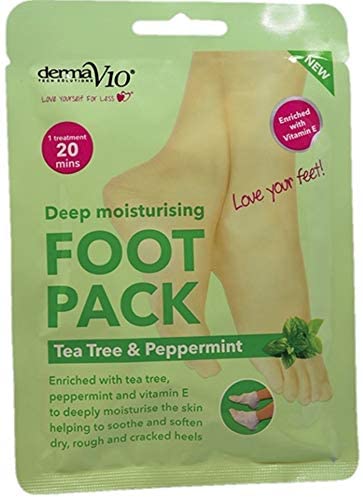 Derma V10 Foot Pack Mask (4 Pack) Deep Moisturising Tea Tree and Peppermint Oil, Honey and Almond Oil Moroccan Argan Oil & Hemp Seed Oil (Tea Tre