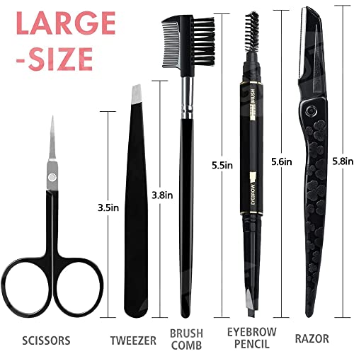 Gibot Eyebrow Set, 5pcs Stainless Steel Eyebrow Grooming Kit with Tweezers, Scissors, Eyebrow Brush Comb, Eyebrow Pencil, Razor and Travel Case f