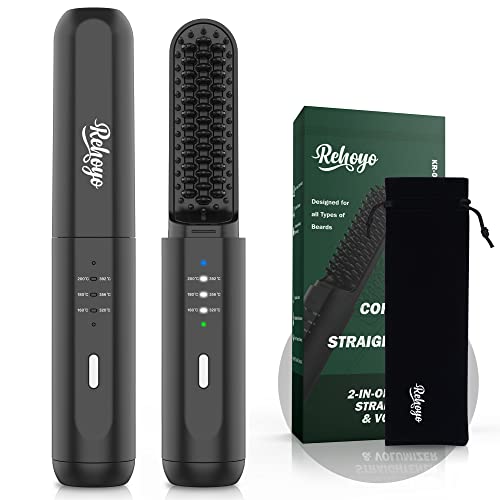 Beard Straightener Brush, REHOYO Cordless Hair Straightening Comb with Different 3 Temperature, Rechargeable Anti-Scald and Auto-Off of Portable