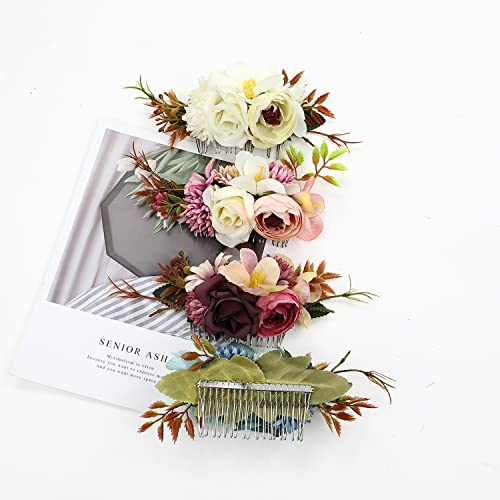 Cinaci 4 Pack Artificial Flower Metal Hair Side Combs Slides Clips Floral Wedding Bridal Headpieces Hairpins Barrettes Bun Chignon Hair Accessori