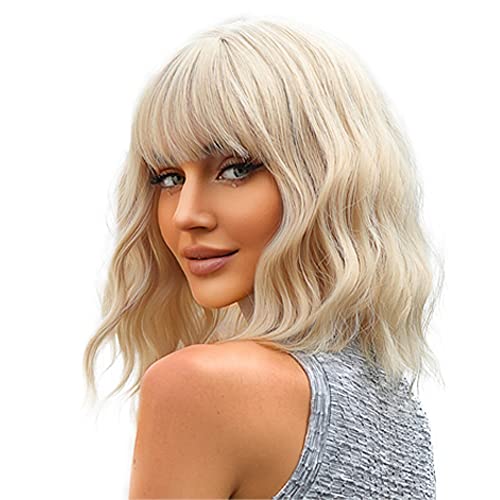 Esmee Short Wave Pink Bob Wigs With Bangs Shoulder Length Wig Curly Wavy Synthetic Cosplay Wigs for Women-12 Inches