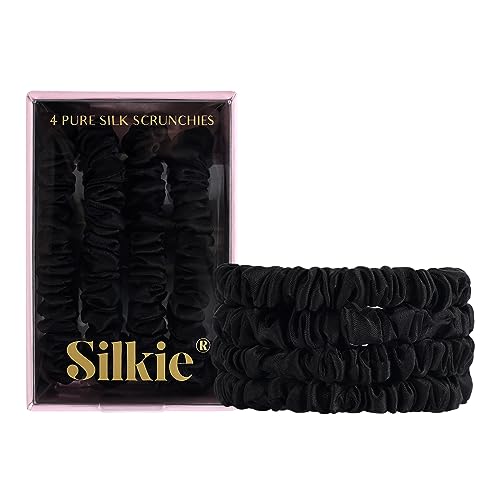 SILKIE x4 Set 100% Pure Mulberry Silk Black Brown Skinny Scrunchies Travel Pouch Everyday Hair Ties Elastics Hair Care Ponytail Holder No Damage