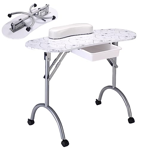 RELAX4LIFE Portable Manicure Nail Table, Folding Nail Technician Table Beauty Salon Desk with Drawer, Sponge & Carry Bag on Wheels, Professional
